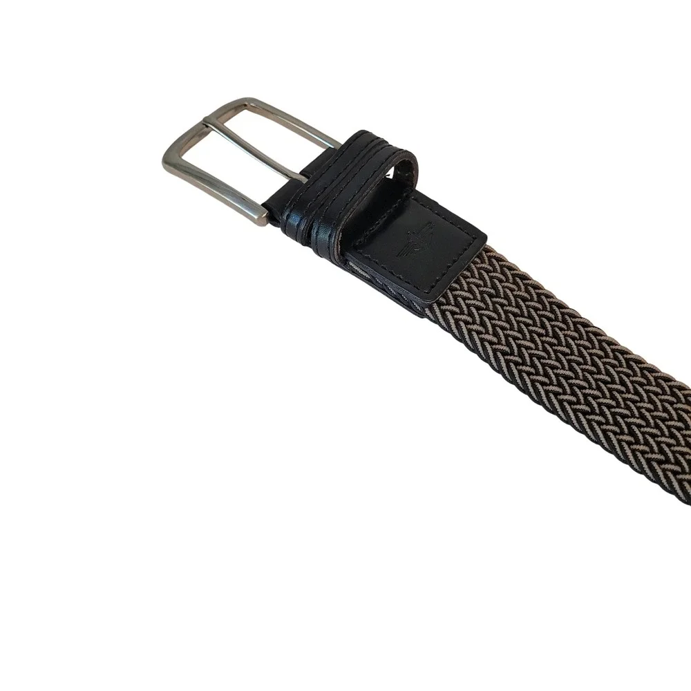 Dockers Braided Belt Mens Medium 34-36 Khaki Black Woven Leather Trim Excellent
